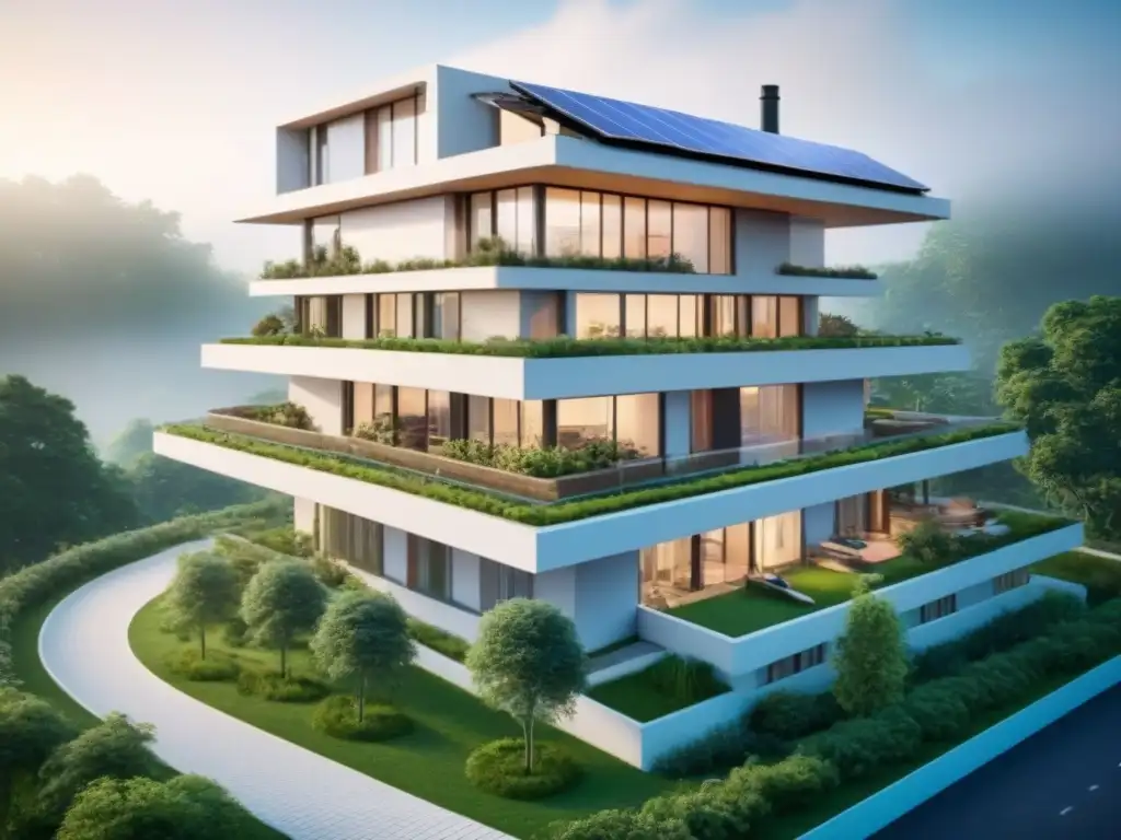 Edificio residencial sostenible: diseño ecoamigable y vanguardista Un diseño arquitectónico moderno de una vivienda sostenible con techos verdes, paneles solares y sistema de recolección de agua de lluvia
