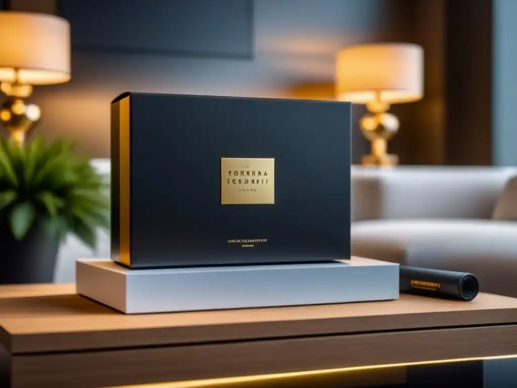 Diseño de packaging de lujo: elegancia en negro, oro y blanco Diseño de empaque de lujo en elegante sala contemporánea