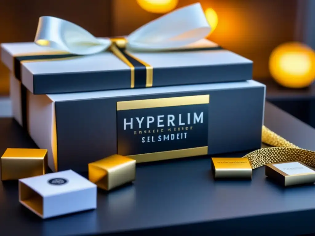 Diseño de lujo: cajas regalo y la elegancia de la exclusividad Diseño exclusivo de empaques de lujo en propiedad, con cajas elegantes y cintas premium en negro, oro y blanco