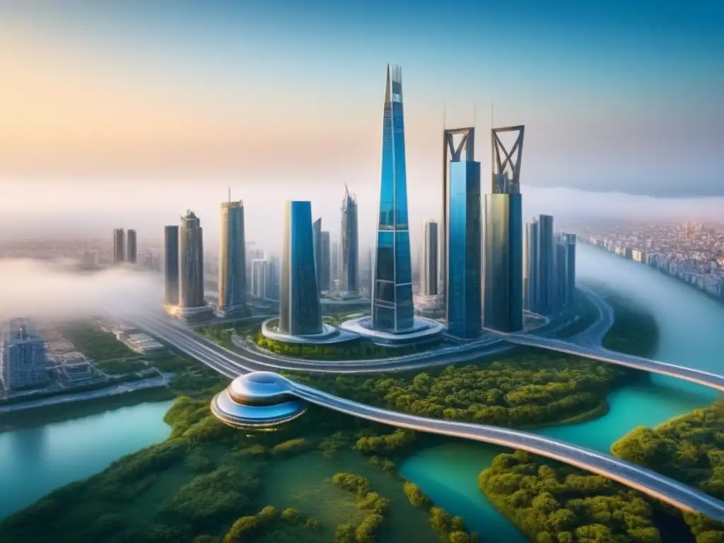 Planificación urbana innovadora para ciudad del futuro Un diseño futurista de rascacielos interconectados en una ciudad sostenible