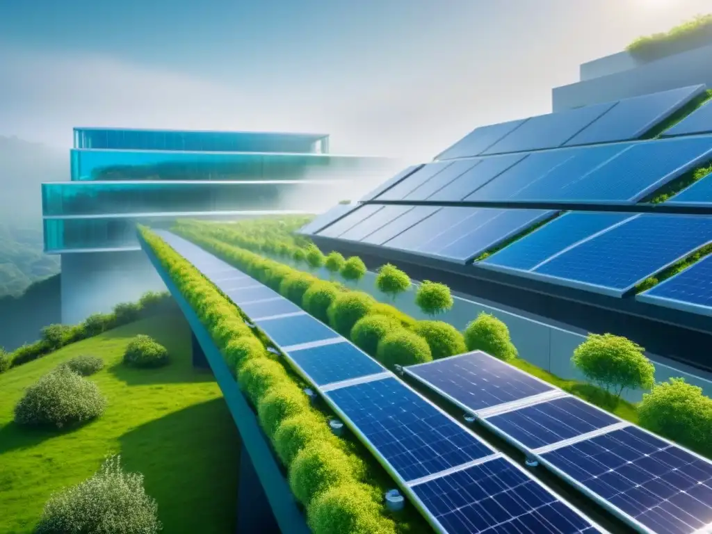 Edificio sostenible futurista: innovación ecoamigable en entorno urbano Un diseño futurista de edificación sostenible con paneles solares y techos verdes, rodeado de vegetación, en un entorno urbano vibrante