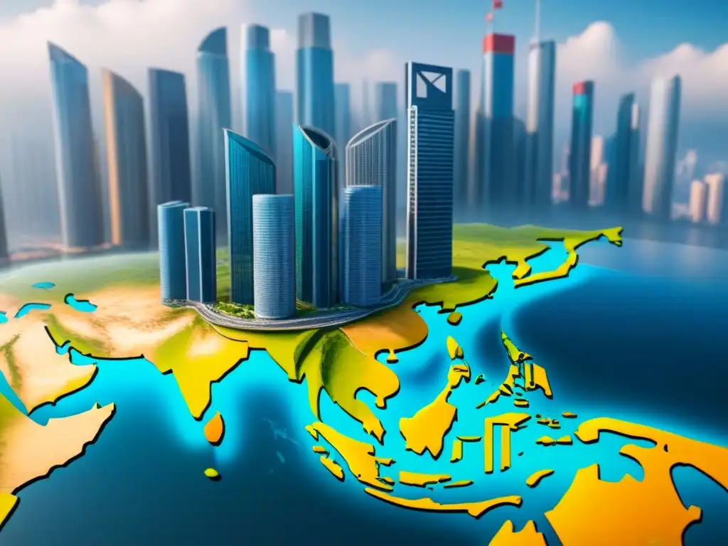 Mapa financiero de Asia: oportunidades de inversión inmobiliaria Un diseño gráfico detallado y moderno muestra un mapa de Asia con distritos financieros destacados en colores vibrantes