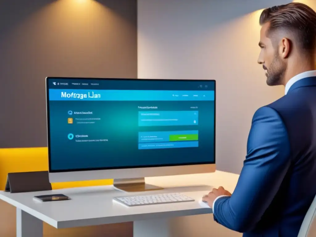 Interfaz hipotecaria futurista con tecnología de vanguardia Un diseño innovador para préstamos hipotecarios convencionales, con tecnología avanzada y elegante interfaz