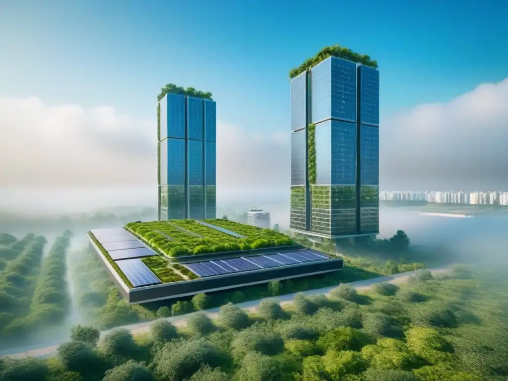 Rascacielos sostenible del futuro: diseño ecoamigable en 8k Diseño innovador en rascacielos sostenible rodeado de vegetación, con paneles solares y jardines verticales
