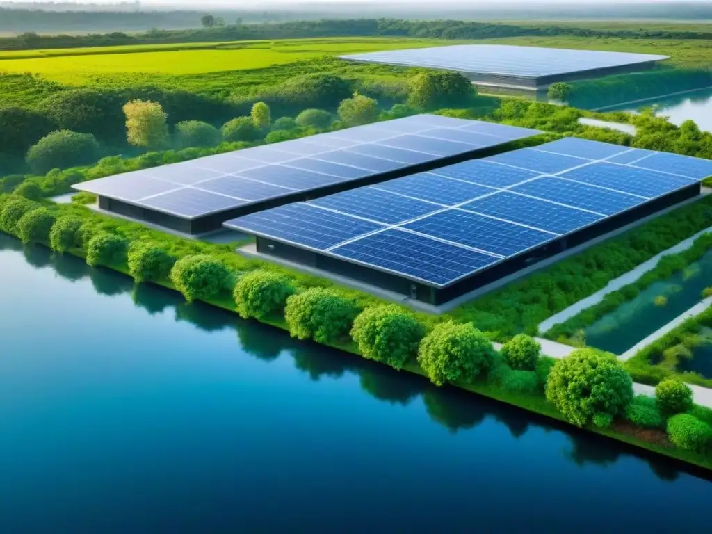 Edificio sostenible del futuro: integración ecoamigable en la naturaleza Diseño sostenible proyecto inmobiliario con paneles solares transparentes y turbinas eólicas, rodeado de naturaleza serena