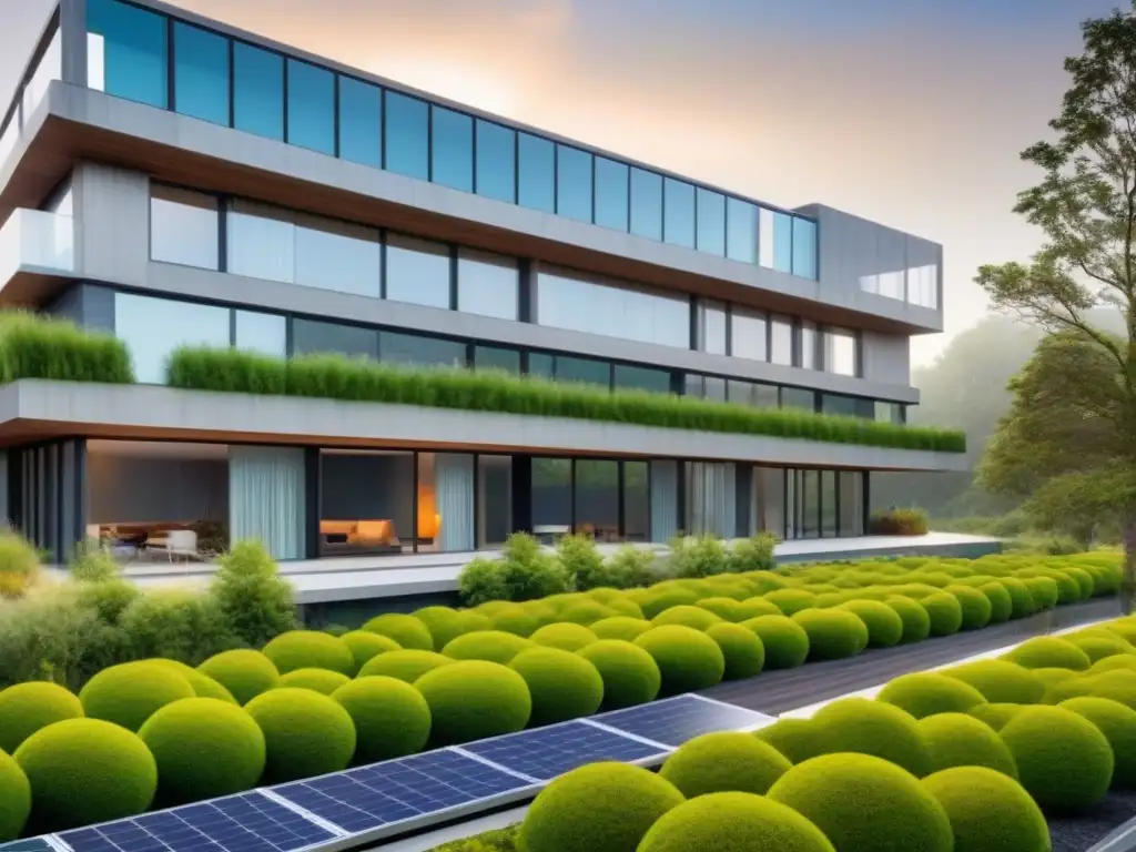 Diseño sostenible: moderna arquitectura ecofriendly Un diseño sostenible de vanguardia con techos verdes, paneles solares y materiales ecológicos, rodeado de naturaleza