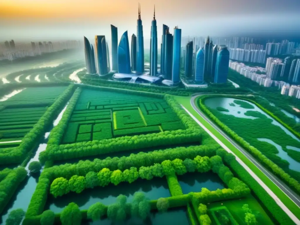 City skyline futurista y verde: integración armónica en real estate Diseño urbano futurista: rascacielos modernos, parques verdes y agua, integrando plan contingencia gestión riesgos inmobiliarios