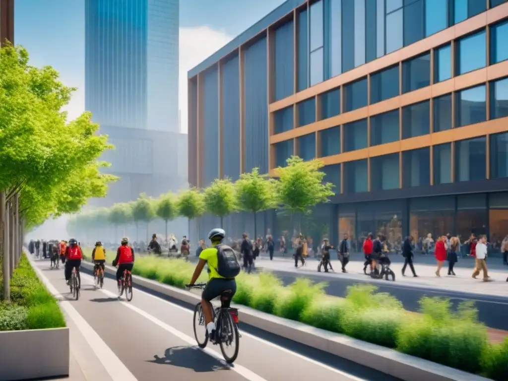 Escena urbana sostenible: arquitectura moderna, espacios verdes y movilidad ecofriendly Diseño urbano sostenible: Calles bulliciosas con arquitectura moderna y espacios verdes, personas caminando y en bicicleta