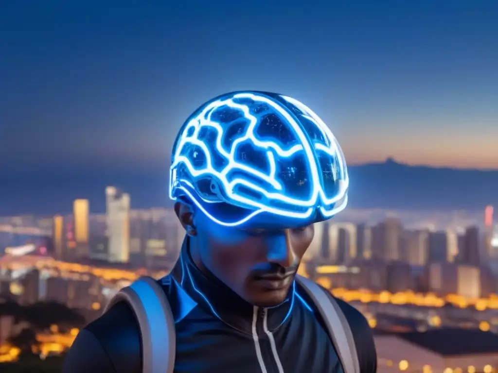 Interfaz neural futurista: conexiones azules, diseño plateado y patrones de actividad cerebral en la ciudad nocturna Un dispositivo futurista de interfaz neural con conexiones azules brillantes, diseño plateado y pantalla digital mostrando patrones de actividad cerebral, en un fondo de ciudad nocturna con edificios iluminados y la luna llena brillando en el cielo