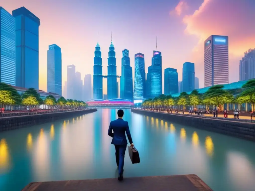 Skyline urbano asiático: luces LED y profesionales en acción Un distrito financiero asiático bullicioso al anochecer, con rascacielos iluminados y profesionales caminando