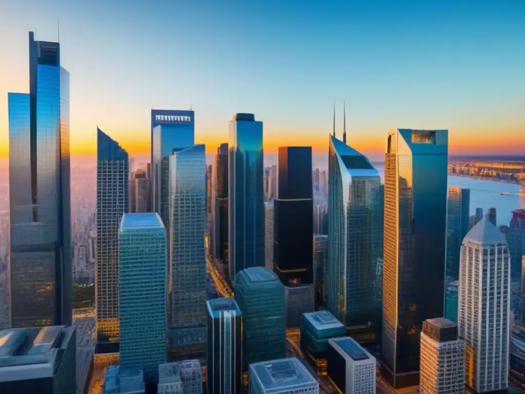 Horizonte financiero: rascacielos modernos iluminados por el atardecer Un distrito financiero bullicioso con rascacielos modernos que alcanzan el cielo, reflejando tonos dorados del atardecer