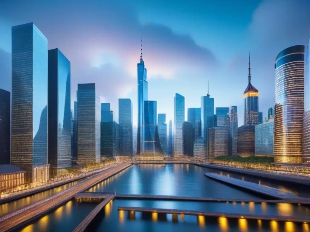 Innovación fintech en inversión inmobiliaria global Un distrito financiero futurista con rascacielos y pantallas digitales muestra la integración de Fintech en inversión inmobiliaria