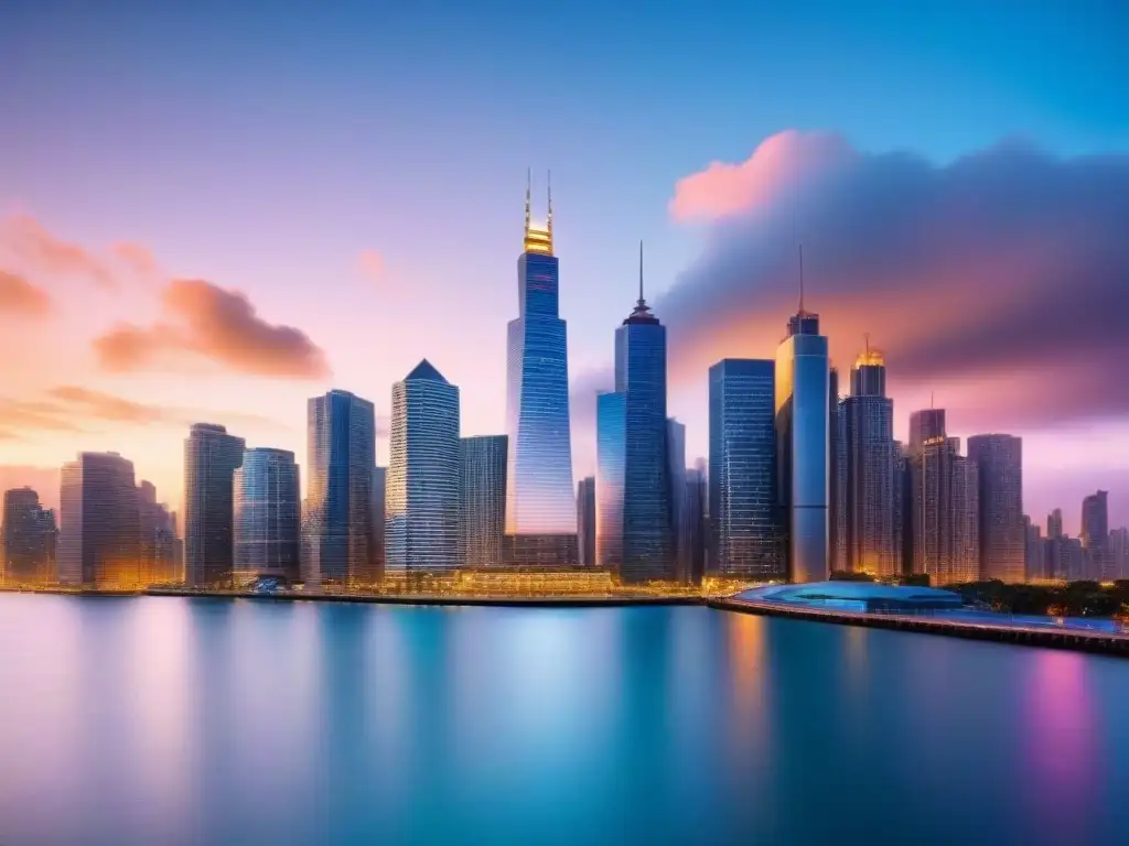 Horizonte financiero futurista: Big Data en inversiones Un distrito financiero futurista con rascacielos reflejando el atardecer dorado, datos digitales entrelazados, Inversión inmobiliaria basada en datos
