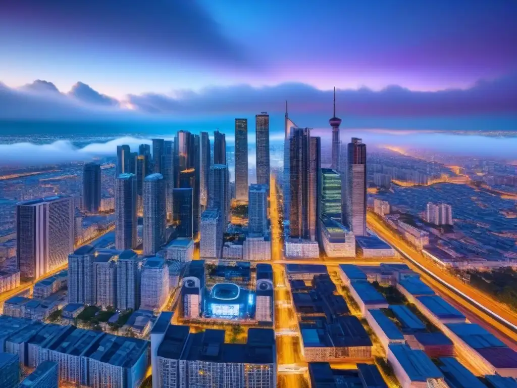 Metrópolis futurista con redes blockchain en inmobiliaria Un distrito inmobiliario futurista con redes blockchain superpuestas, mostrando la integración de la Tecnología Blockchain en títulos inmobiliarios