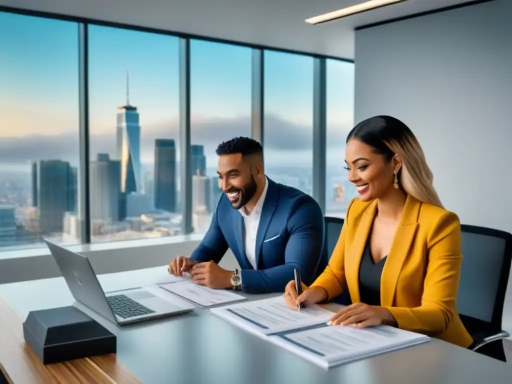 Agentía experta: primeros compradores felices en oficina moderna Una diversa y sonriente pareja de compradores de vivienda revisando beneficios fiscales con agente inmobiliario en oficina moderna