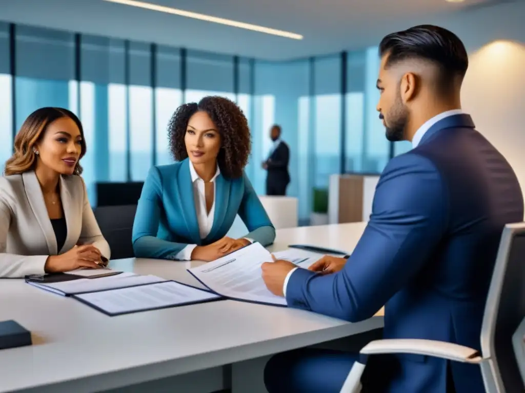Equipo diverso discutiendo inversiones inmobiliarias internacionales Diversidad de profesionales discutiendo estrategia fiscal inversiones inmobiliarias internacionales en oficina moderna
