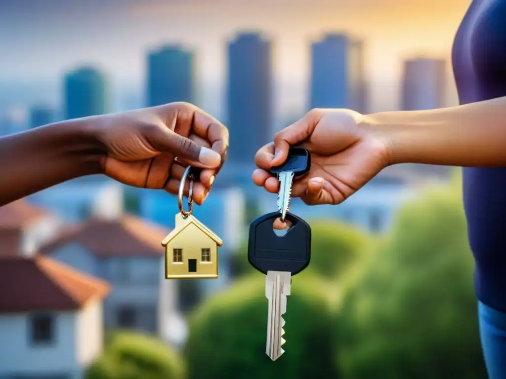 Propietarios felices: clave del éxito con beneficios fiscales Diversidad de propietarios con llaves de hogares modernos, destacando beneficios fiscales propietarios inmobiliarios