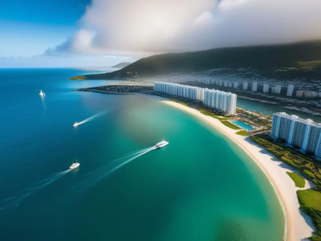 Esplendor costero: ciudad moderna y tradicional en armonía Diversificación inversión inmobiliaria costera: Vista aérea impresionante de una ciudad costera vibrante con rascacielos modernos y edificios tradicionales, bordeando la costa