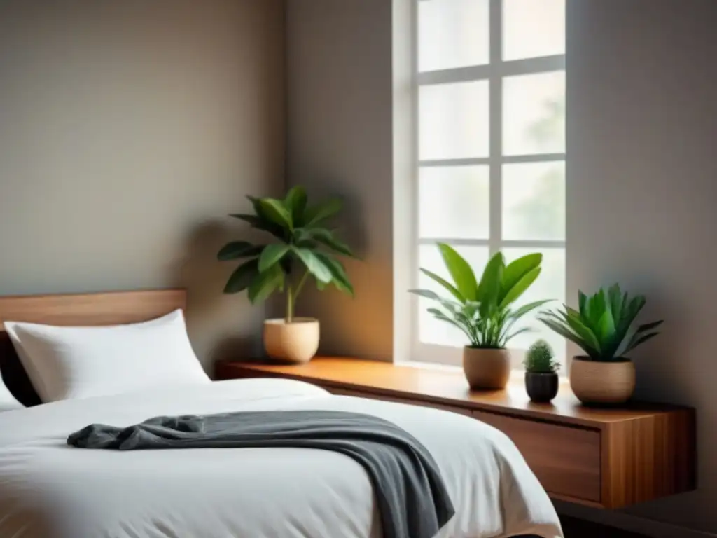 Dormitorio minimalista en tonos tierra, sereno y ordenado Un dormitorio sereno y minimalista con orden en el hogar para felicidad: cama hecha, plantas, escritorio organizado