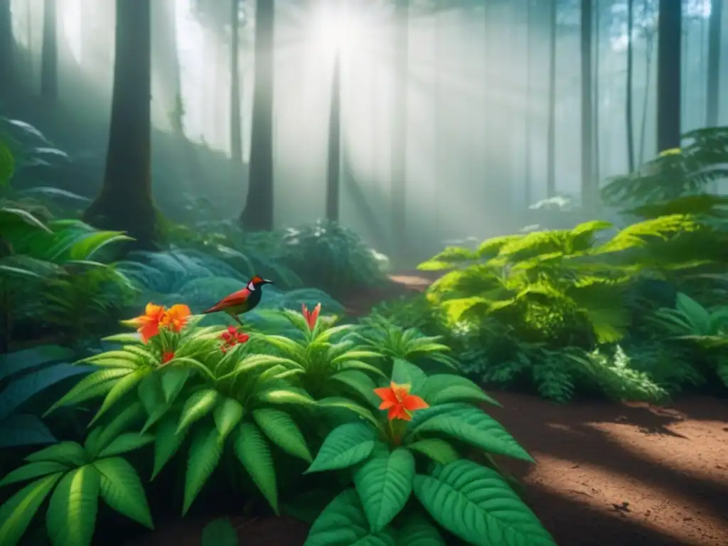 Exuberante ecosistema: biodiversidad en armonía Un ecosistema diverso con exuberante vegetación, aves coloridas y animales pequeños coexistiendo armoniosamente