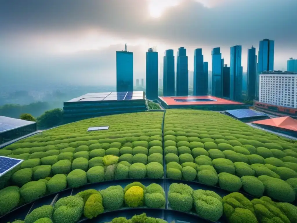 Metrópolis sostenible: Edificios futuristas en armonía con la naturaleza Edificaciones sostenibles en ciudades: Integración perfecta de la arquitectura futurista con la naturaleza en un bullicioso paisaje urbano