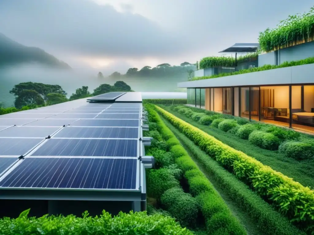 Edificio sostenible futurista en armonía con la naturaleza Edificaciones sostenibles financiamiento préstamos: Edificio futurista con integración de naturaleza y tecnología en entorno urbano moderno