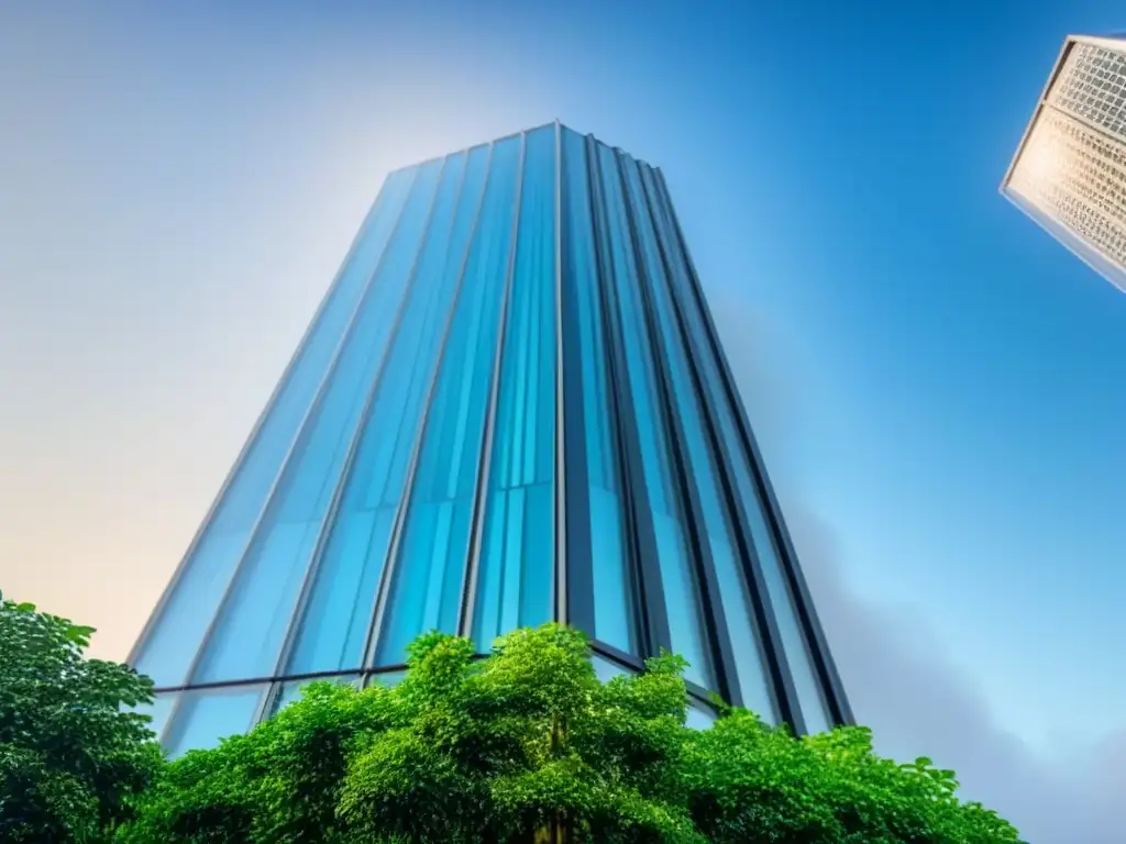 Edificio moderno de cristal en la ciudad Un edificio de alta gama con fachada de vidrio, rodeado de vegetación, bajo cielo azul claro