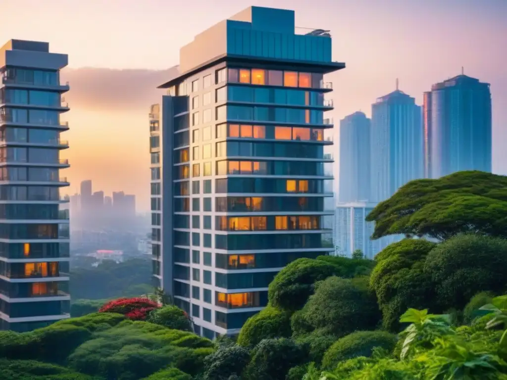 Edificio de apartamentos de lujo al atardecer: sofisticación y prosperidad Edificio de apartamentos de lujo al atardecer, con diseño arquitectónico elegante, rodeado de vegetación y skyline urbano brillante, simbolizando seguridad y rentabilidad en seguros inmobiliarios
