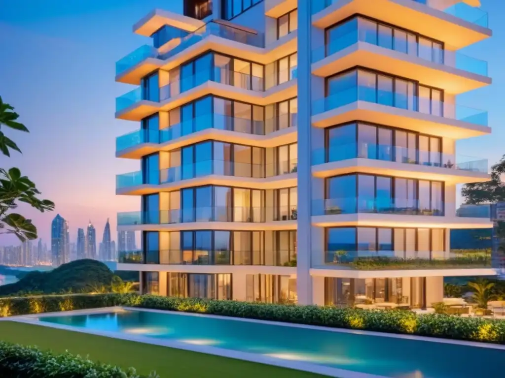 Resplandor urbano: Edificio de lujo al atardecer Edificio de apartamentos de lujo en atardecer con vistas a la ciudad y exuberante vegetación, ideal para estrategias email marketing inmobiliarias lujo