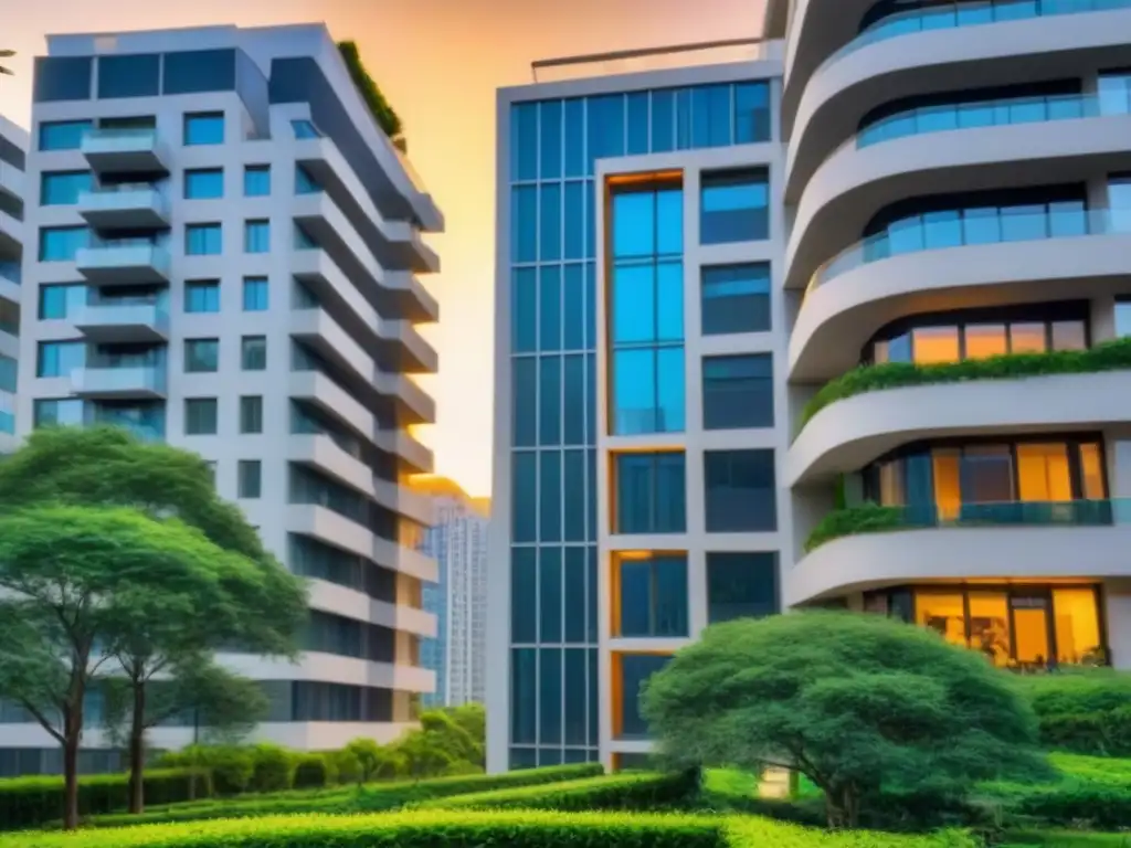 Edificio de lujo al atardecer: exclusividad inmobiliaria Edificio de apartamentos de lujo al atardecer, arquitectura moderna con ventanales reflejando la luz dorada, rodeado de vegetación exuberante