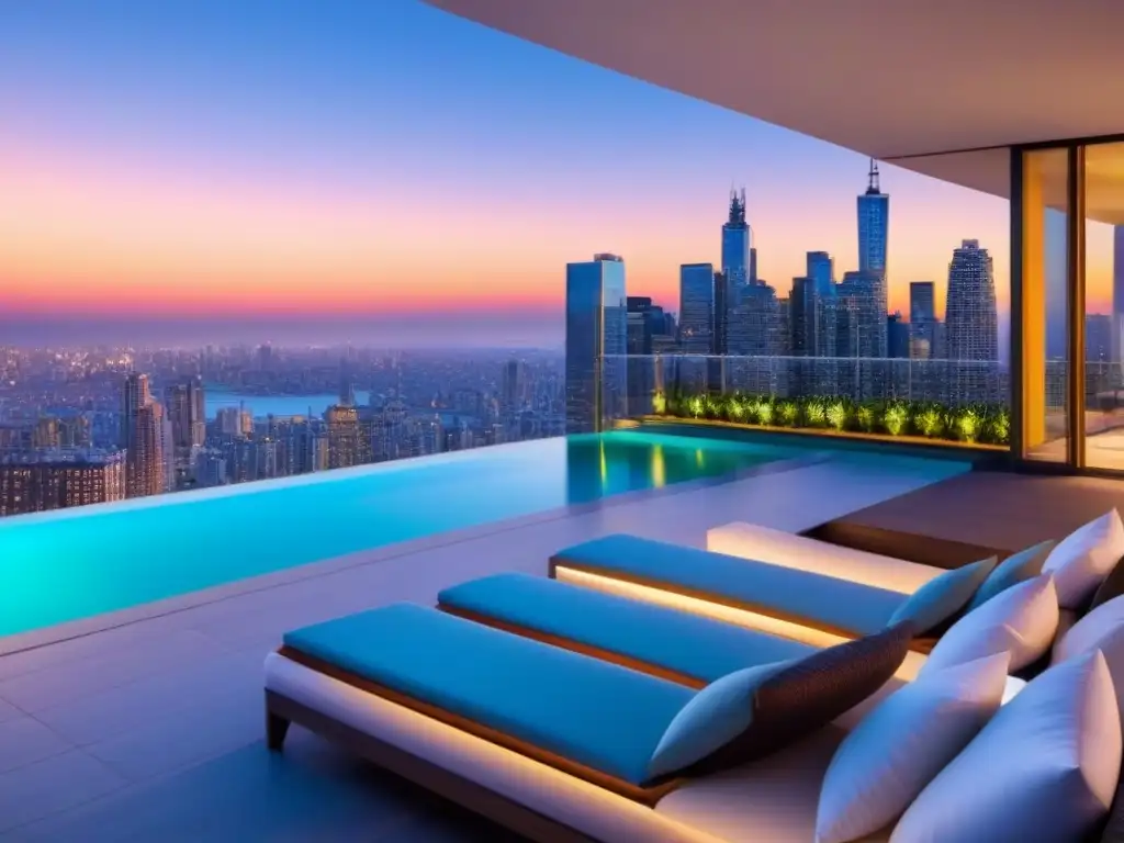 Edificio de lujo con vistas panorámicas al atardecer en la ciudad Edificio de apartamentos de lujo con moderna arquitectura y vista urbana al atardecer