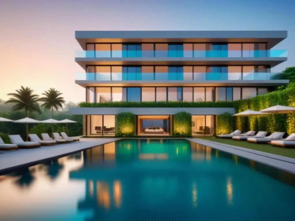 Residencial de lujo con piscina y atardecer dorado Un edificio de apartamentos de lujo con modernas fachadas de vidrio, rodeado de exuberante vegetación y una piscina impecable