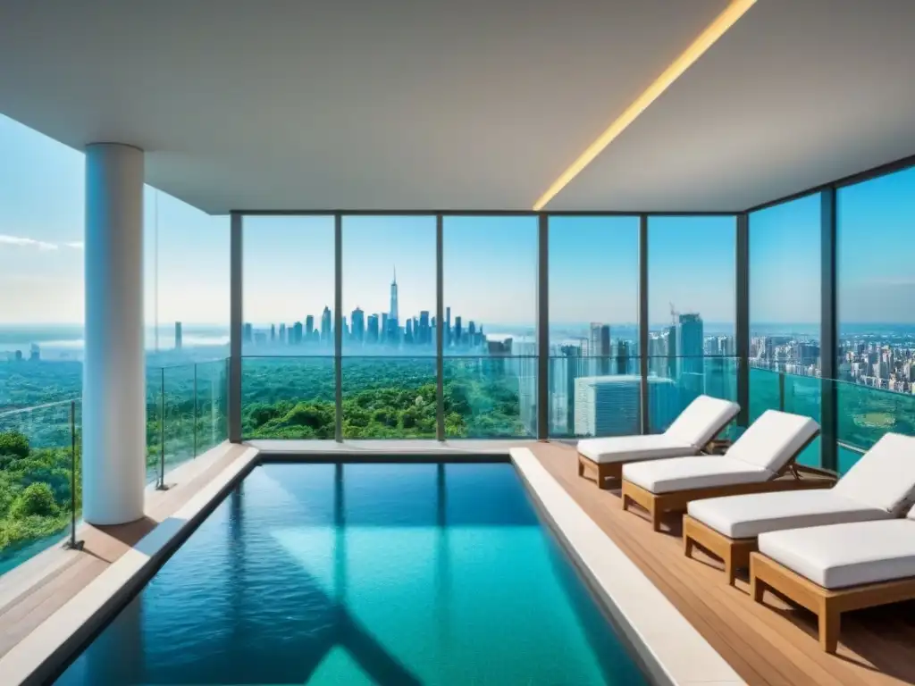 Edificio de lujo con terraza en la azotea y vistas a la ciudad Un edificio de apartamentos de lujo y moderno con exteriores de vidrio elegantes y una terraza en la azotea con vista a un horizonte urbano