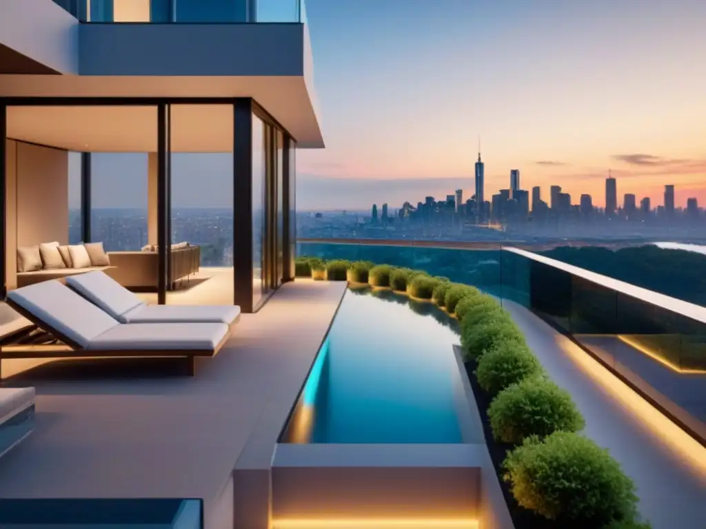Edificio de lujo con vista panorámica al atardecer Un edificio de apartamentos de lujo moderno con ventanas de piso a techo y una terraza en la azotea, con vista a la ciudad al atardecer
