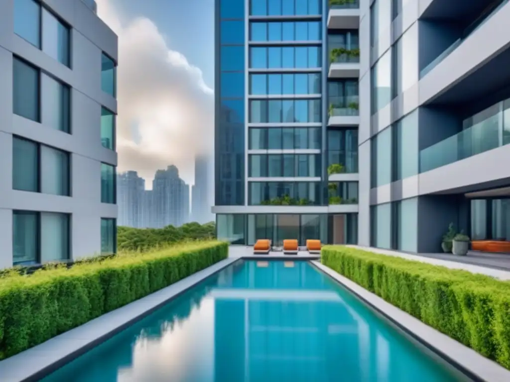 Edificio de lujo con vistas panorámicas en la ciudad Un edificio de apartamentos de lujo moderno, con ventanas de piso a techo que muestran impresionantes vistas a la ciudad