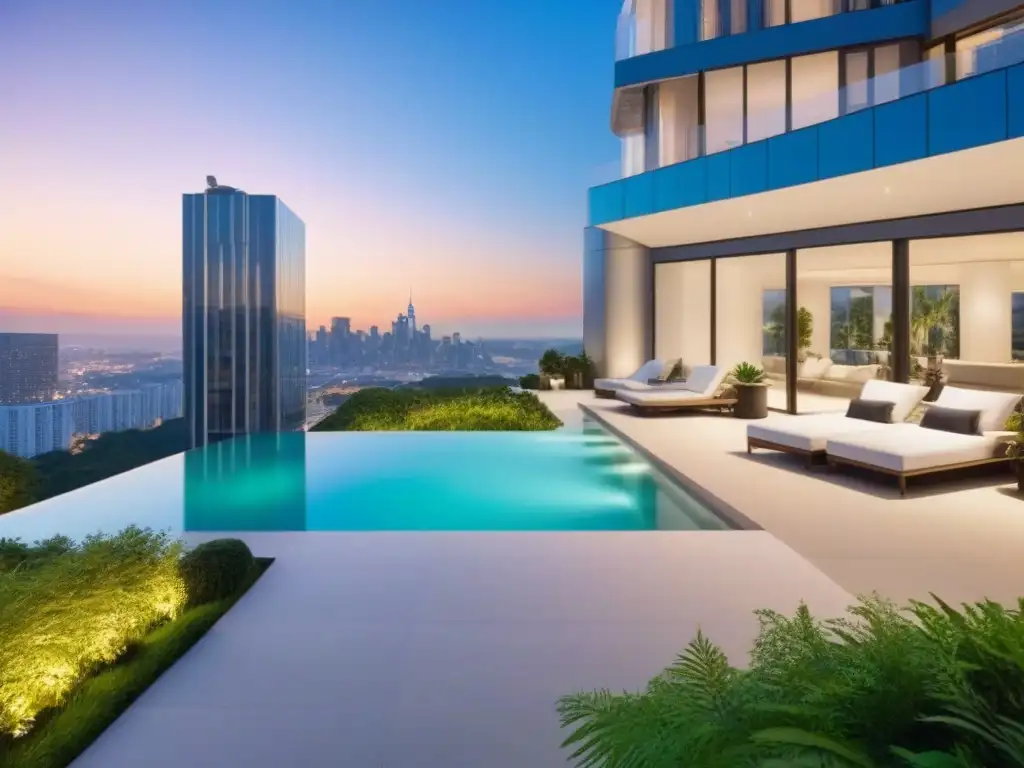 Edificio de lujo al atardecer: sofisticación y exclusividad Edificio de apartamentos de lujo moderno al atardecer, con fachada de vidrio reflejando la cálida luz del atardecer