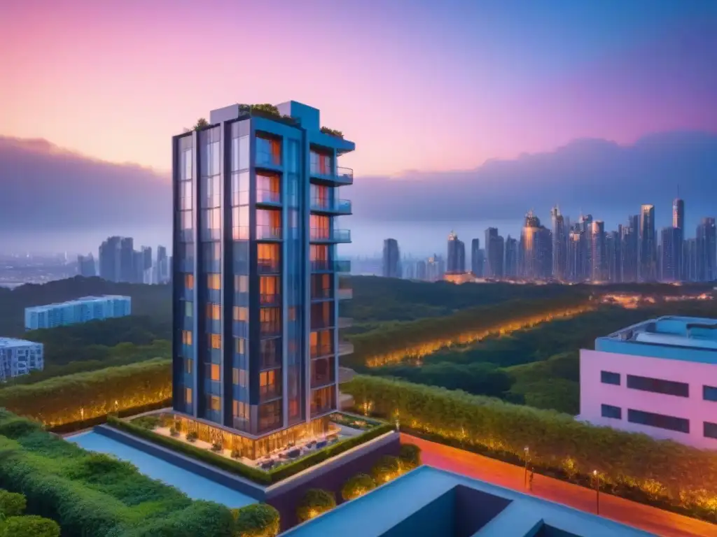 Edificio de lujo al atardecer: diseño moderno y exclusivo Un edificio de apartamentos de lujo y moderno, reflejando el atardecer con ventanas de piso a techo y un horizonte urbano brillante al fondo
