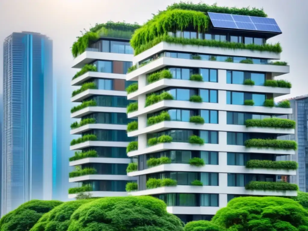 Edificio de lujo eco-sostenible en ciudad vibrante Edificio de apartamentos de lujo con paneles solares en la azotea y diseño ecoamigable en la ciudad