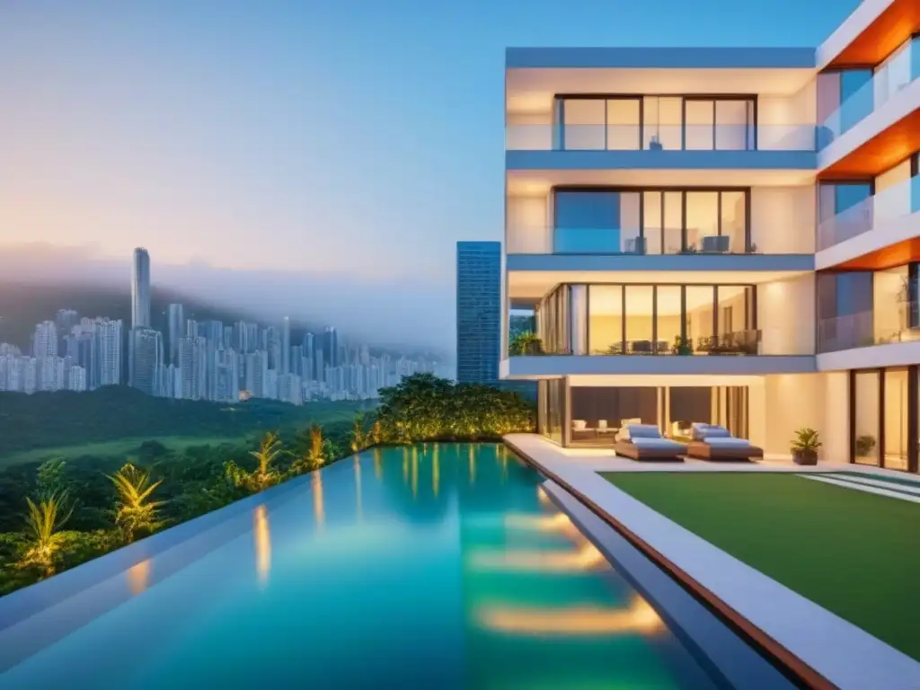 Edificio de apartamentos de lujo con piscina y vegetación, reflejando la ciudad