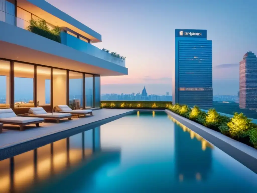 Edificio de lujo con piscina en la azotea y vistas a la ciudad al atardecer Edificio de apartamentos de lujo con piscina en la azotea, reflejando la ciudad al atardecer