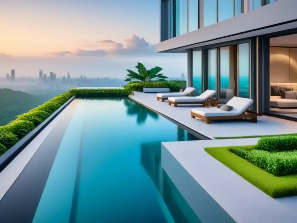 Edificio de lujo con piscina en la azotea y vista urbana en Latinoamérica Edificio de apartamentos de lujo con piscina en la azotea, rodeado de vegetación exuberante