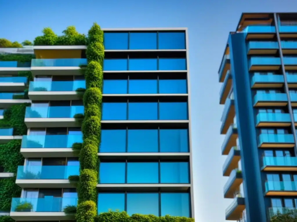 Inversión inmobiliaria: lujo y modernidad Edificio de apartamentos de lujo con ventanales de piso a techo, reflejando cielo azul y vegetación exuberante, en una ciudad vibrante
