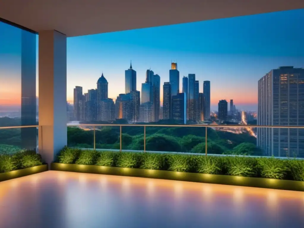 Edificio de lujo en la ciudad al atardecer: sofisticación y exclusividad Edificio de apartamentos de lujo con ventanales de piso a techo reflejando el horizonte urbano al atardecer, rodeado de vegetación exuberante y vallas publicitarias modernas que exhiben elegantes propiedades