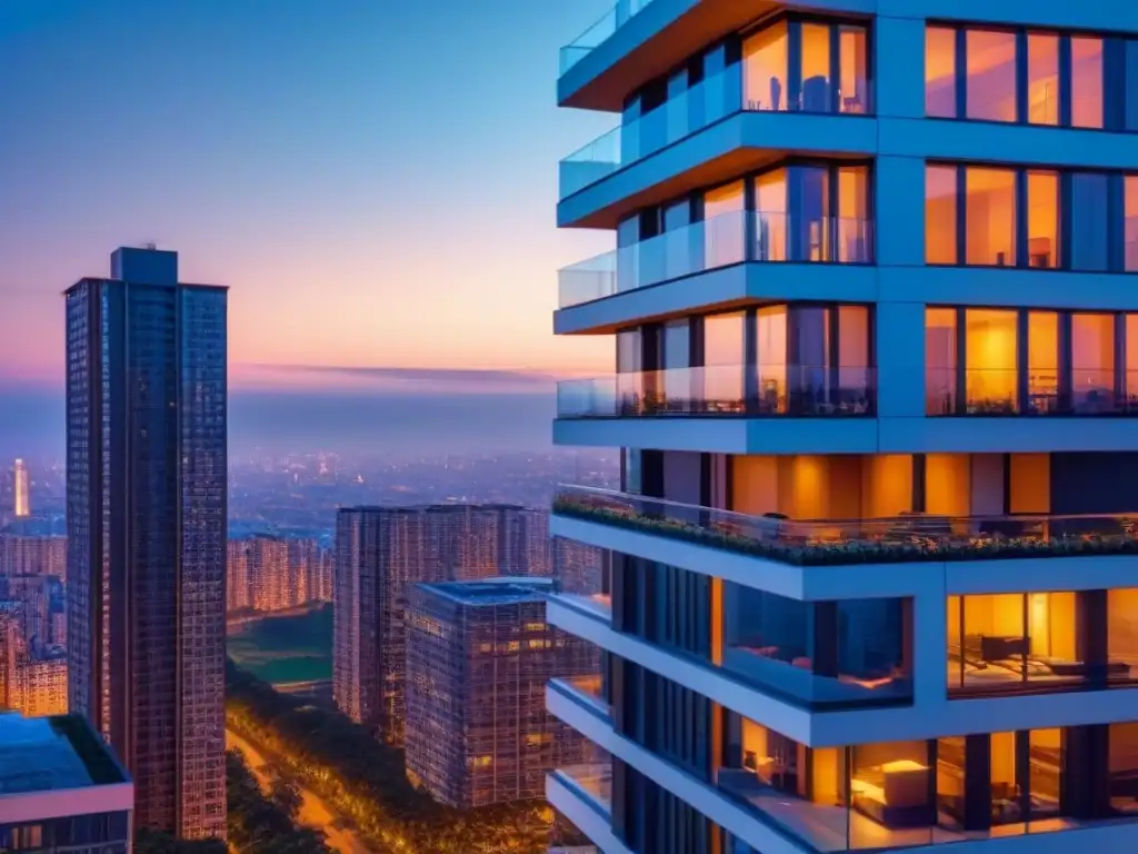 Edificio de lujo: luces de la ciudad al atardecer Edificio de apartamentos de lujo con ventanales de piso a techo reflejando las luces de la ciudad al anochecer