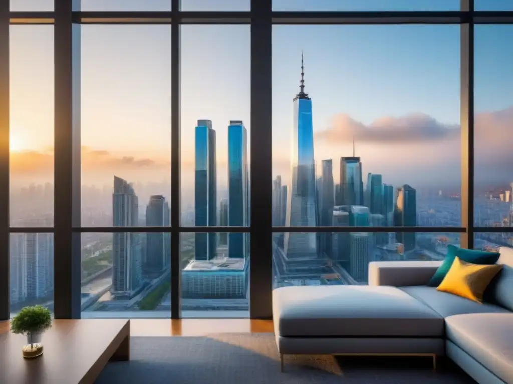 Rascacielos de lujo en ciudad moderna: inversión inmobiliaria internacional Un edificio de apartamentos de lujo con vidrios reflectantes, rodeado de una bulliciosa ciudad con modernos rascacielos al fondo