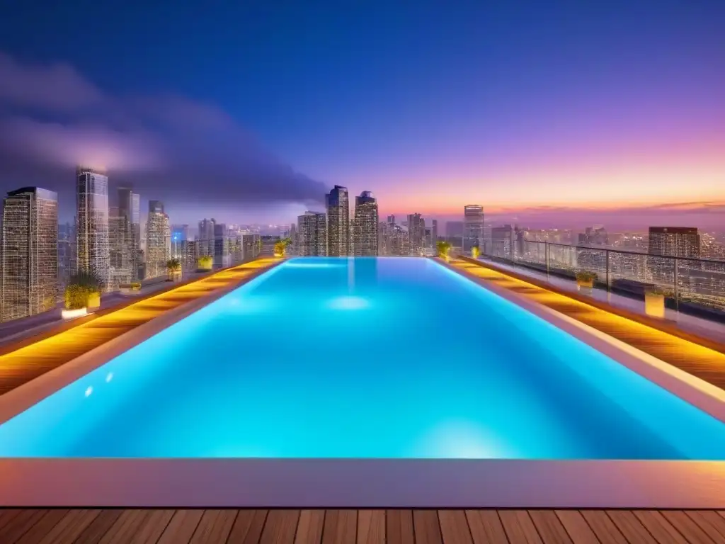 Espectacular rascacielos con piscina en la azotea, reflejando la ciudad de noche Edificio de apartamentos de lujo con vista nocturna de la ciudad y piscina en la azotea iluminada