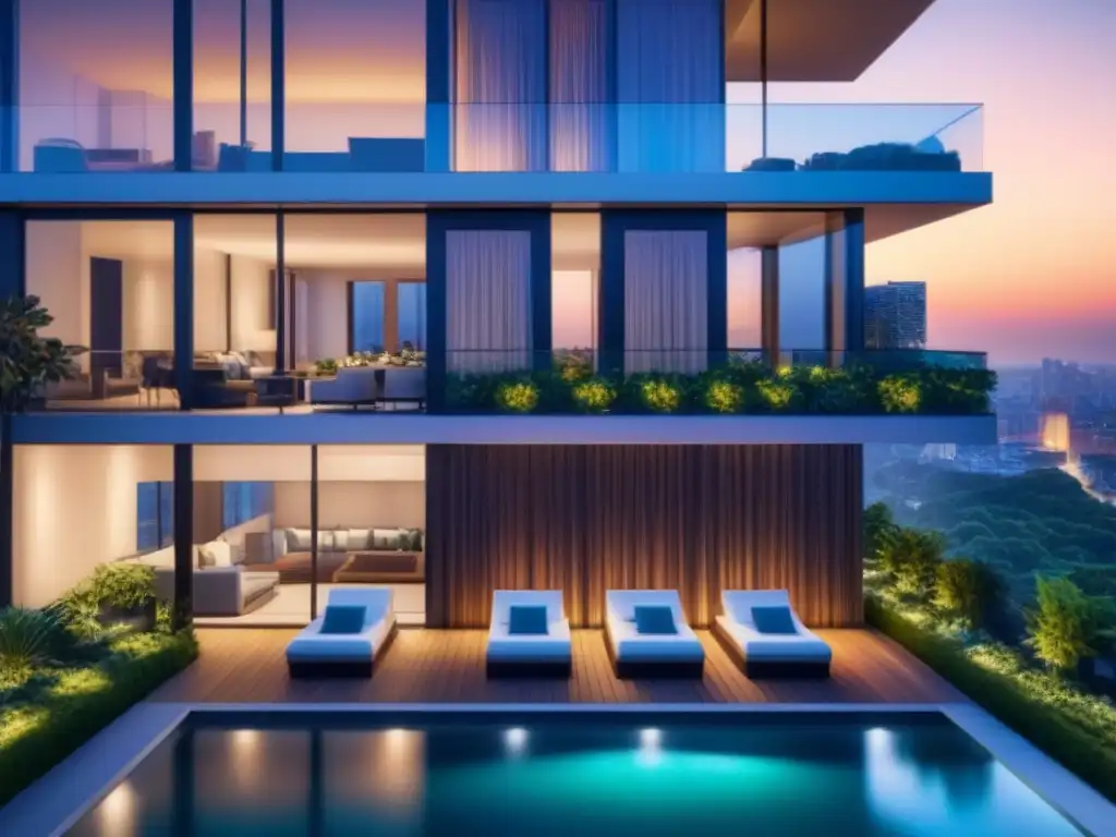 Edificio de lujo con vista urbana al atardecer y piscina en la azotea Edificio de apartamentos de lujo con vista a la ciudad al atardecer, beneficios políticas vivienda inversores