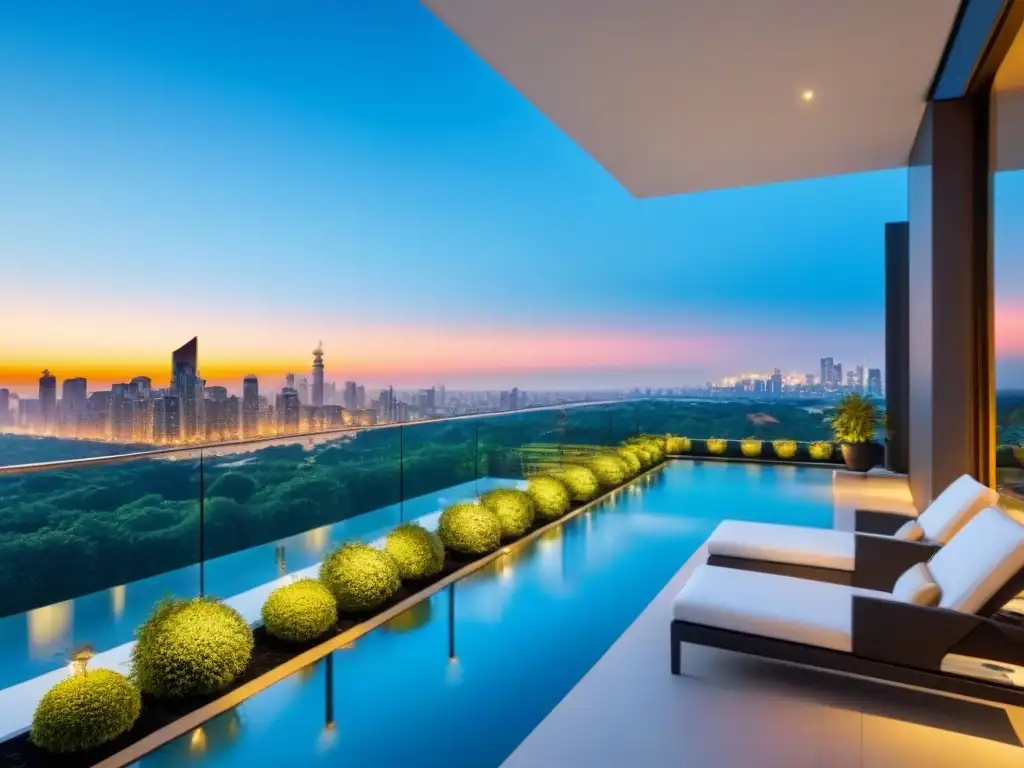Edificio de lujo con ventanales y terraza en la ciudad Un edificio de apartamentos moderno de lujo con vistas a la ciudad y rodeado de vegetación exuberante