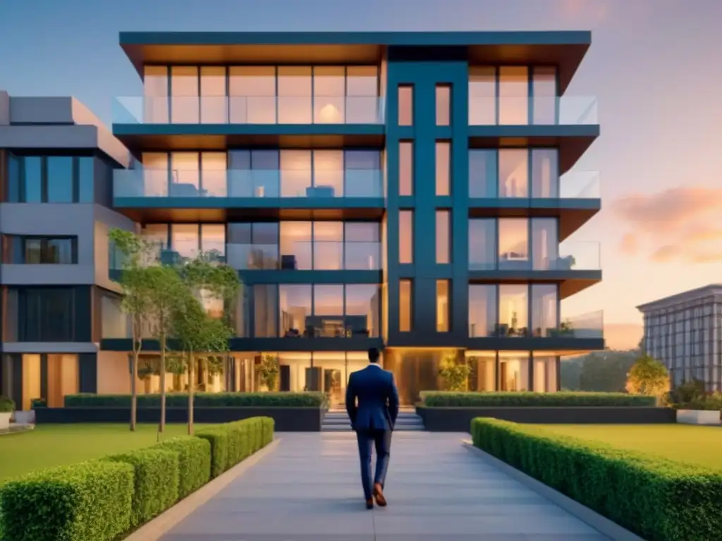 Edificio de lujo al atardecer: éxito y prestigio en finanzas inmobiliarias Edificio de apartamentos moderno de lujo al atardecer, reflejando el éxito y la normativa financiamiento inmobiliario local
