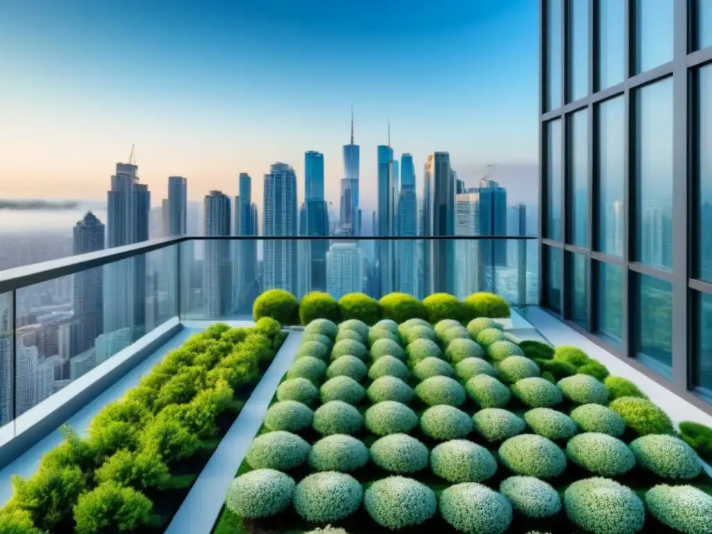Edificio de apartamentos de lujo con jardín verde en la azotea Edificio de apartamentos moderno de lujo con jardín en la azotea verde vibrante, en una ciudad llena de rascacielos bajo cielo azul